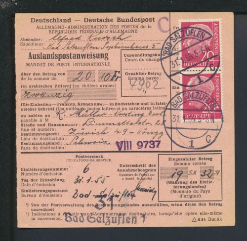 Bund Brief MEF Heuss Auslandspostanweisung Bad Salzuflen NRW Zürich Schweiz