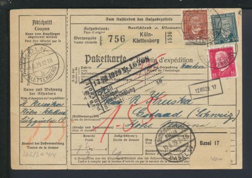 Deutsches Reich Paketkarte Köln NRW Gstaad Schweiz 1929