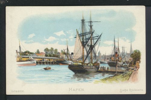 Litho Ansichtskarte Lübeck Schleswig-Holstein Hafen Litho Reklame Hoffmann Rezept