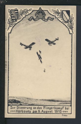 Selt. Künstler Ansichtskarte Flugzeug Luftkampf Feldpost Harbouey Frankreich Leipzig