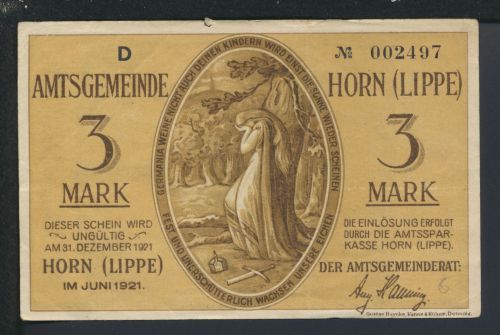 Geldschein Banknote Amtsgemeinde Horn Lippe NRW 3 Mark 1921