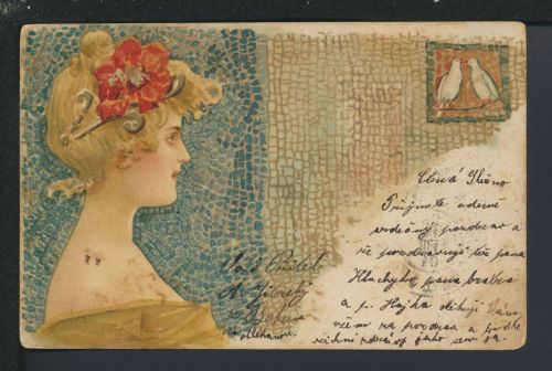 Ansichtskarte Budweis Tschechien Jungrndstil Künstler Junge Frau Blume und Tauben