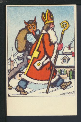 Seltene Ansichtskarte Nikolaus Krampus Weihnachtsmann Weihnachten sign. H.