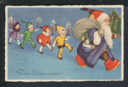 Nikolaus Weihnachtsmann Weihnachten Künstler Ansichtskarte violetter Mantel