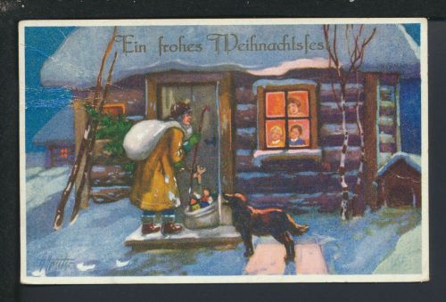 Nikolaus Weihnachtsmann Weihnachten Künstler Ansichtskarte brauner Mantel