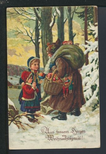 Nikolaus Weihnachtsmann Weihnachten Künstler Ansichtskarte brauner Mantel Spielzeug