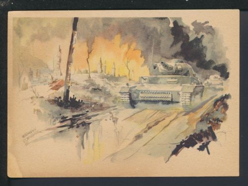 Militaria Künstler Ansichtskarte II WK Panzer im Angriff sign. Hermann Schneider
