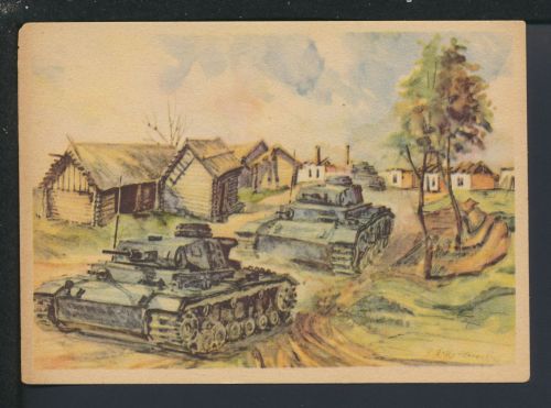 Militaria Künstler Ansichtskarte II WK Panzer Erkundung nach Dubrowska Rußland