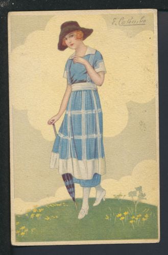 Art Deco Künstler Ansichtskarte Ungarn Budapest Mode Dame mit Hut + Schirm G Moutons