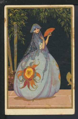 Selten schöne Art Deco Künstler Ansichtskarte Estland Rakvere Dame mit Fächer