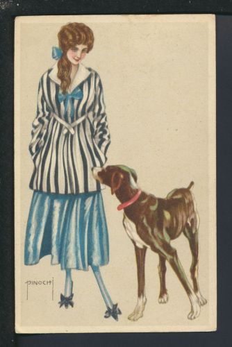 Schöne Art Deco Künstler Ansichtskarte Pinochi Dame + Hund Antwerpen Belgien Mode