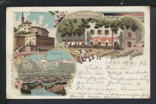 Litho Ansichtskarte Ambras Österreich Restaurant Schlosskeller München Bayern