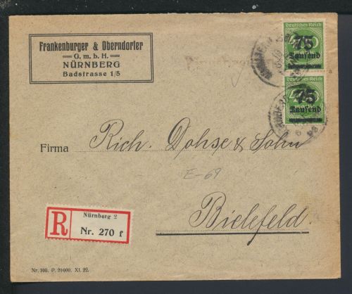 Deutsches Reich Infla R-Brief Nürnberg Bayern Bielefeld NRW geprüft