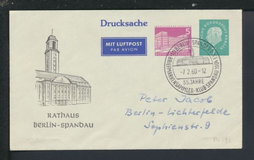 Flugpost Berlin Ganzsache WST Heuss + Bauten Spandau Briefmarkensammler Klub 1960