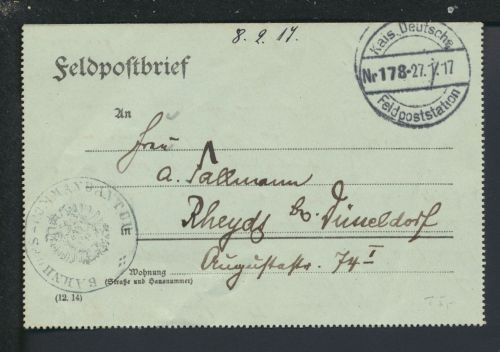 Feldpostbrief Bahnhofs Kommandantur Rheydt NRW 1917