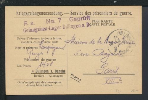 Kriegsgefangenensendung Bayern Dillingen Frankreich Paris 1916