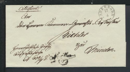 Paderborn Altdeutschland Preussen K1 Brief NRW an den Richter zu Minden