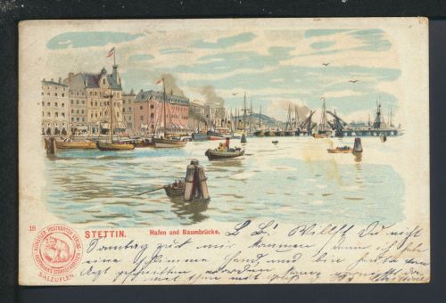 Litho Ansichtskarte Stettin Ostgebiete Polen Pommern Hafen Reklame Flensburg 1904