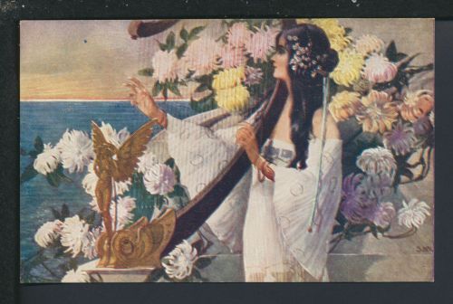 Jugendstil Künstler Ansichtskarte S- Hruby pinx Sapho Harfe Musik Musikinstrument