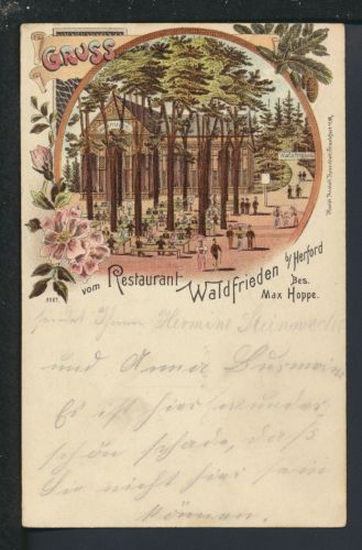 Litho Ansichtskarte Herford NRW Restaurant Waldfrieden Bahnpost Zug 581 1900