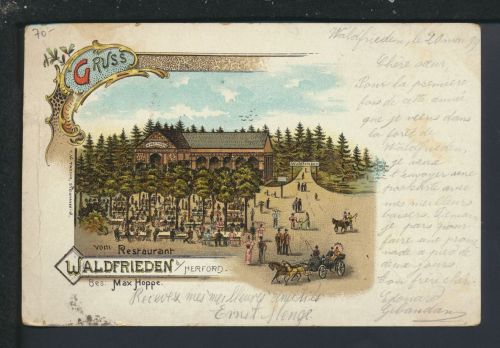 Litho Ansichtskarte Herford NRW Restaurant Waldfrieden Mazamet Frankreich 1899