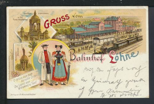 Litho Ansichtskarte Löhne NRW Bahnhof Eisenbahn Kaiser Denkmal Herborn Hessen