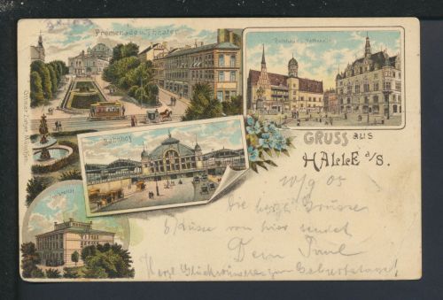 Litho Ansichtskarte Halle Saale Sachsen-Anhalt Pomenade Theater Leipzig Sachsen