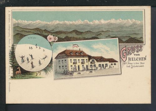 Sport Wintersport Ski fahren Litho Ansichtskarte Belchen Schwarzwald Baden -