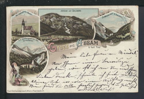 Litho Ansichtskarte Absam Tirol Österreich Wallfahrtskirche Salzbergwerk Wien 1899