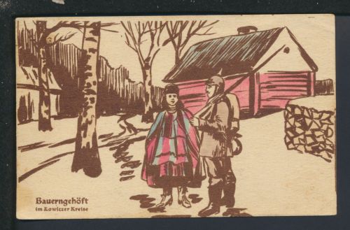 Künstler Ansichtskarte handcoloriert Lowitz Polen Bauerngehöft Feldpost Ober Eula