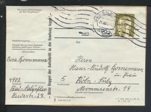 Bund Brief EF 1 DM Heinemann Paketkarte Bad Salzuflen NRW Köln