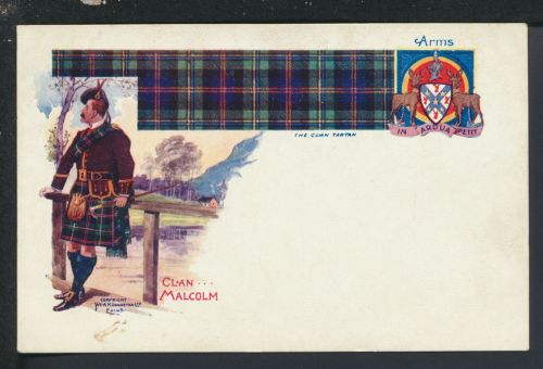 Künstler Ansichtskarte Schottland The Clan Tartan Clan Malcom Wappen Tartan