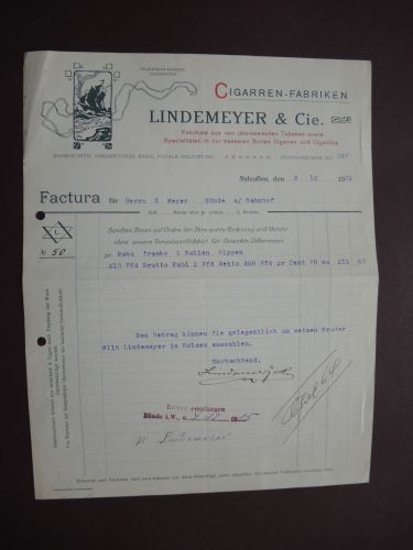 Jugendstil Reklame Salzuflen Lindemeyer & Cie Zigarrenfabrik uralte Rechnung