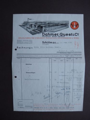Reklame Schötmar Kr. Lippe Dahmer Quest & Cie Möbel Matratzen alte toll illustrierte