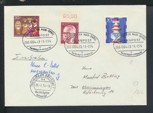 Bahnpost R-Brief Bund Hessen Frankfurt Main Basel Zug 473 Oberrimsingen Stempel
