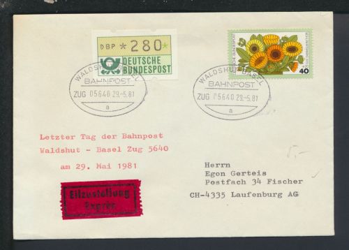 Bahnpost Brief Express Bund Baden-Württemberg Waldshut - Basel Zug 5640