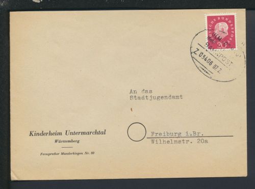 Bahnpost Heuss Brief Bund Baden-Württemberg Untermarchtal Ulm Zug 3406 Freiburg
