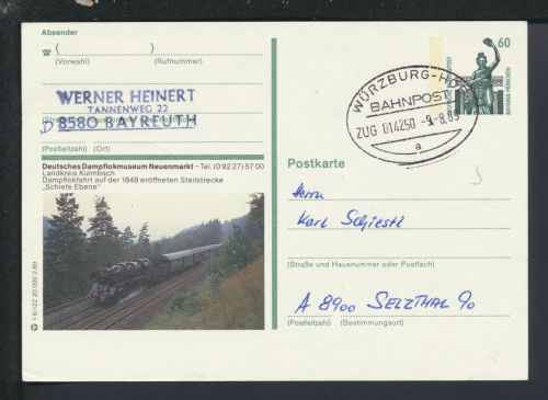 Bahnpost Bild Ganzsache Bund Bayern Bayreuth Würzburg - Hof Zug 15250 Selzthal