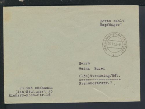 Bahnpost Brief Bund Baden-Württemberg Stuttgart Staubing Bayern Porto zahlt