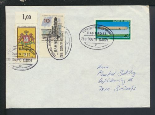 Bahnpost Brief Bund Baden-Württemberg Stuttgart Frankfurt Zug 815 Breisach