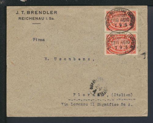 Bahnpost Infla Brief Deutsches Reich Sachsen Zittau Reichenau Zug 4610 Florenz