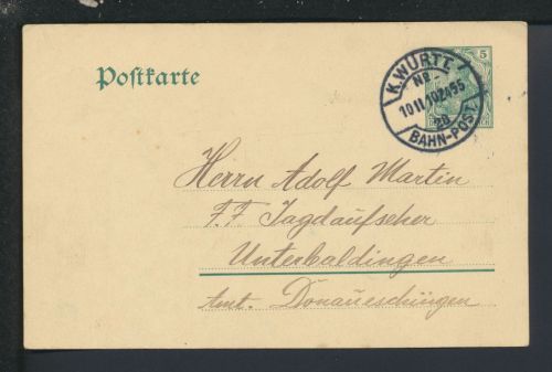 Bahnpost Ganzsache Deutsches Reich Baden-Württembeg Unterbaldingen Z455