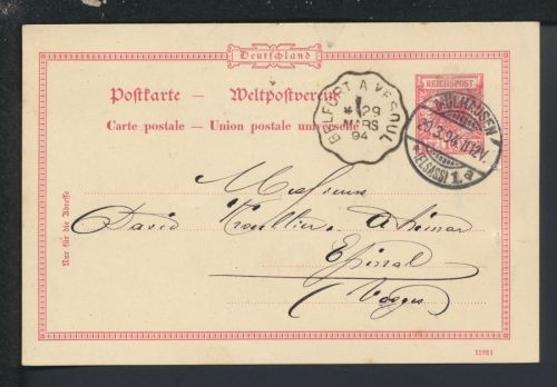 Bahnpost Ganzsache Deutsches Reich Elsass Mülhausen Epinal Frankreich Belfort