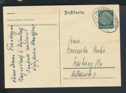 Bahnpost Ganzsache Deutsches Reich Thüringen Nordhausen Erfurt Zug 6591 Freiburg