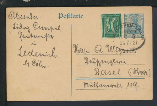 Bahnpost Infla Ganzsache Deutsches Reich NRW Euskirchen Liblar Zug 5 Basel Schweiz