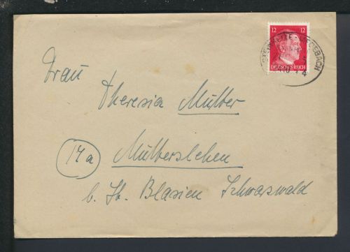 Bahnpost Brief Deutsches Reich Baden-Württemberg Steinhelle Wiedebach Zug 5