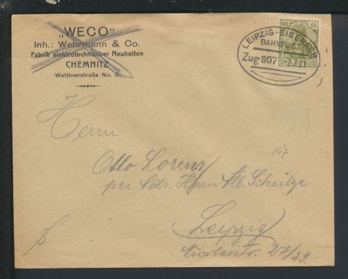 Bahnpost Brief Deutsches Reich Sachsen Leipzig Eisenach Zug 807 Chemnitz