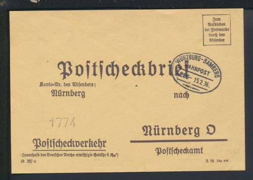 Bahnpost Postscheckbrief Deutsches Reich Bayern Würzburg Bamberg Zug 286