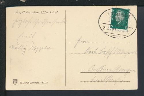 Bahnpost Karte Deutsches Reich Baden-Württemberg Sigmaringen Tübingen Zug 3297