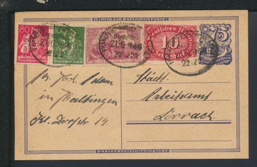 Bahnpost Infla Ganzsache Deutsches Reich Hessen Frankfurt Karlsruhe Zug 946
